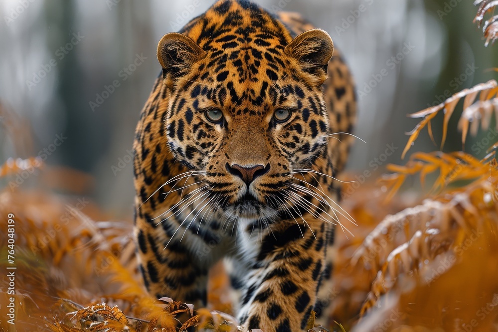 A magnificent leopard walks with determination through an autumn landscape, with vivid fallen leaves enhancing its beauty A magnificent leopard walks with determination through an autumn landscape, with vivid fallen leaves enhancing its beauty