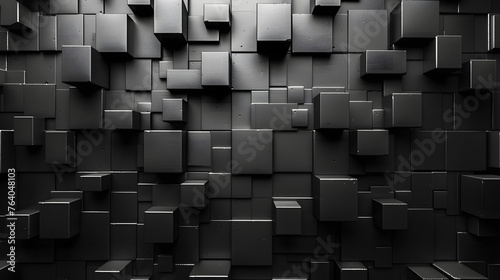 A dynamic geometric pattern of irregularly shaped cubes protruding from a wall