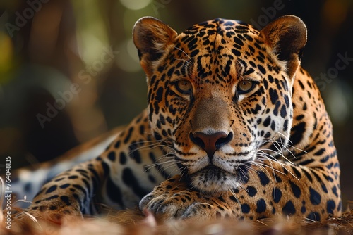 Captivating image of a leopard at rest  exuding elegance and power amidst the forest floor