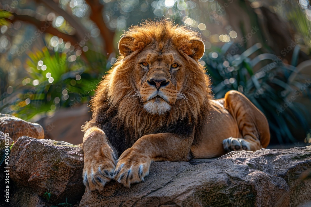 Naklejka premium A powerful male lion rests proudly on a sunlit rock, his mane glowing in the backlight creating an awe-inspiring image
