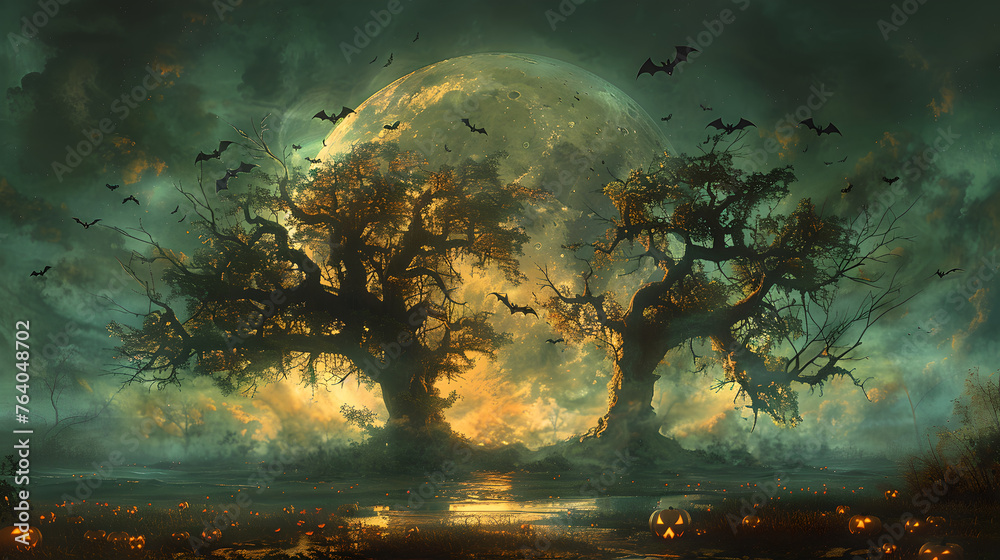 Mystical Halloween Night with Illuminated Pumpkins and Haunting Moon, Generative AI