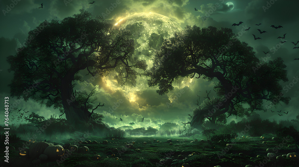 Hauntingly Beautiful Moonlit Halloween Landscape with Silhouetted Trees, Generative AI