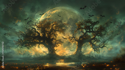 Mystical Halloween Night with Illuminated Pumpkins and Haunting Moon  Generative AI