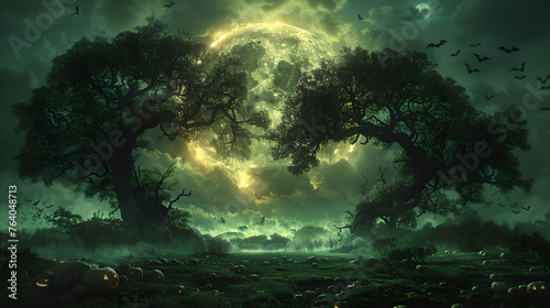 Hauntingly Beautiful Moonlit Halloween Landscape with Silhouetted Trees, Generative AI