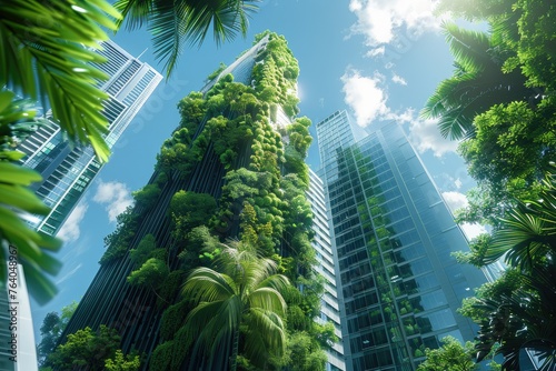 Sustainable architecture with green skyscrapers - Dreamy image displaying eco-friendly skyscrapers adorned with lush greenery under a blue sky, symbolizing sustainable urban development