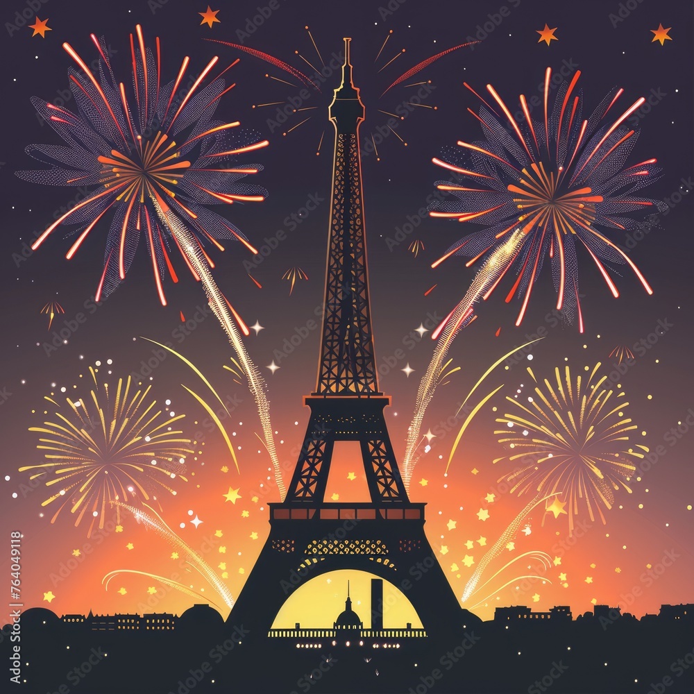 Stylized Eiffel Tower with elegant fireworks - A stylish depiction of the Eiffel Tower set against a backdrop of sophisticated fireworks and a dusky sky