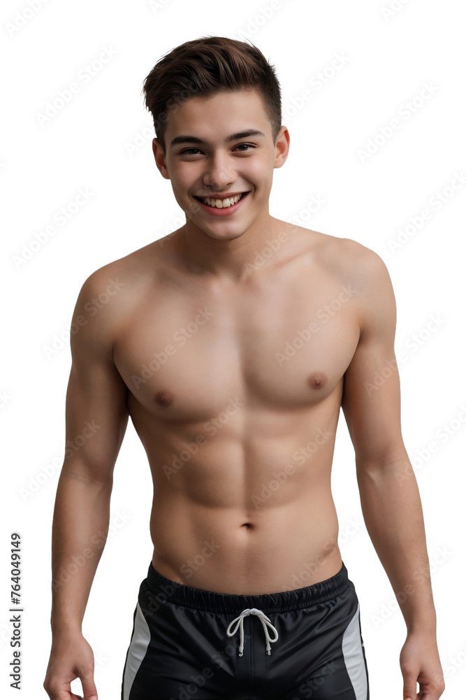 Young man in swimming trunks, smiling and looking at the camera, isolated, transparent background, no background. PNG. Young man in swimming trunks, smiling and looking at the camera, isolated, transparent background, no background. PNG.