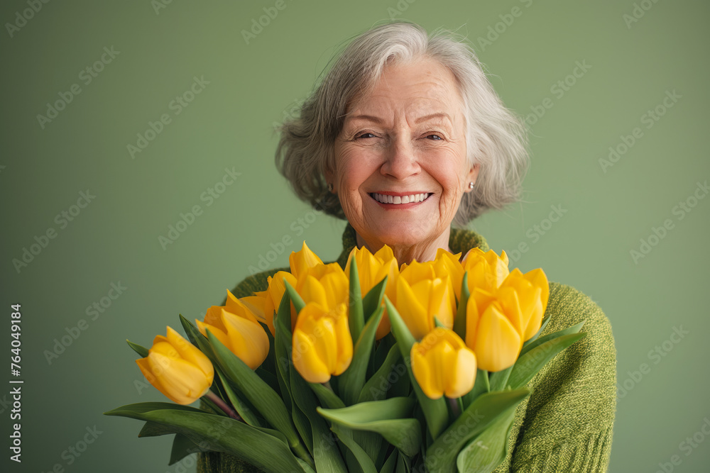 Serene senior woman with stylish silver hair showcases captivating smile, surrounded by sea of sun-kissed yellow tulips, a picture of spring elegance. Serene senior woman with stylish silver hair showcases captivating smile, surrounded by sea of sun-kissed yellow tulips, a picture of spring elegance.