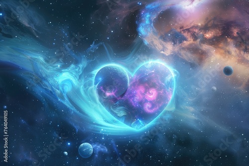 Abstract cosmic hearts in a surreal galaxy - Two hearts in a cosmic embrace with nebulae and planets symbolizing love's infinite possibilities