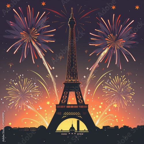 Stylized Eiffel Tower with elegant fireworks - A stylish depiction of the Eiffel Tower set against a backdrop of sophisticated fireworks and a dusky sky © Mickey