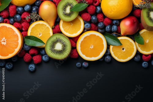 Vibrant greek style fruit background with space for text, top view, realistic design