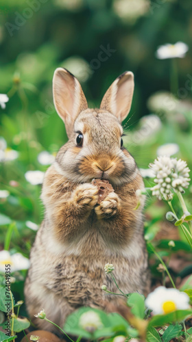 Cute rabbit munching in a flower field - This heartwarming image captures a fluffy rabbit as it enjoys a meal among blooming white flowers and lush greenery