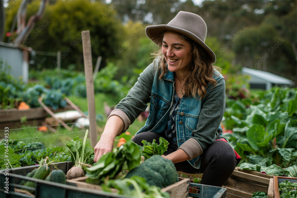 Organic farmer harvesting fresh vegetables on her farm, gardening concept, mustard greens, broccoli, cucumber, agriculture