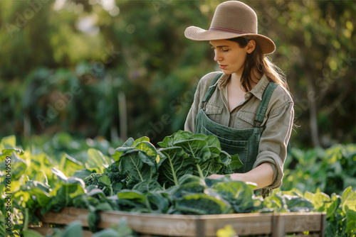 Organic farmer harvesting fresh vegetables on her farm, gardening concept, agriculture