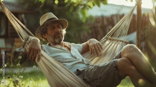 A man is resting in a hammock against the backdrop of the green grden. Time for rest, sleep and relaxation in the open air. photo