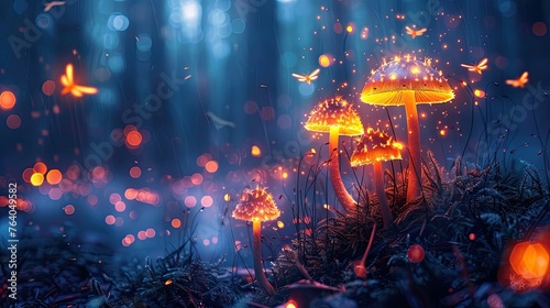 Enchanting Forest Illumination: Glowing Mushroom Lamps and Fireflies 