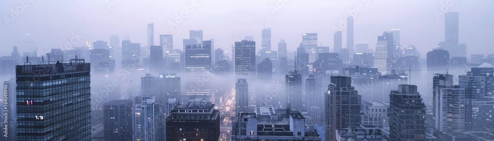 Urban skyline masked by PM 2.5, spotlighting urgent tech innovations and streamer awareness aEUR"ar 1:1 aEUR"v 6,close-up - obrazy, fototapety, plakaty 