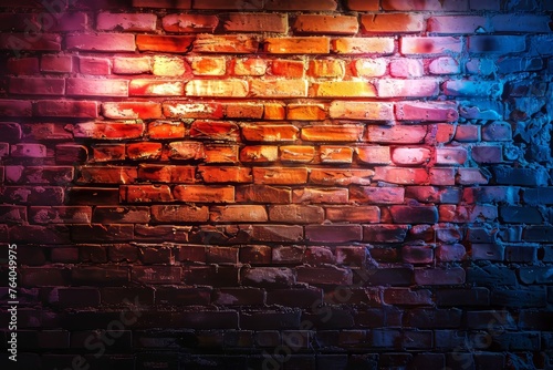 Brick wall, background, neon light. Space for text.