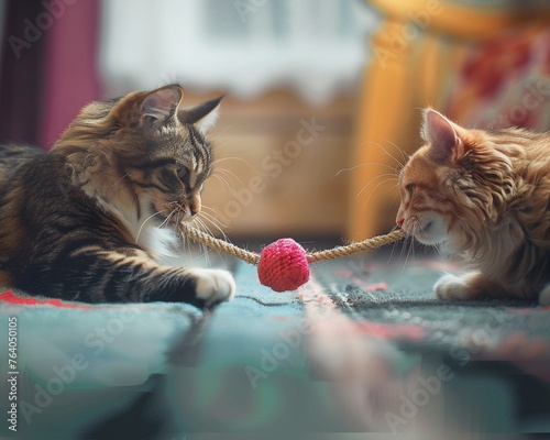 They play a game of virtual tug-of-war with a toy.photographic style photo