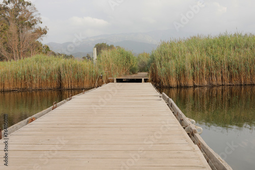 Fototapeta Naklejka Na Ścianę i Meble -  A wooden bridge along beautiful lake of California