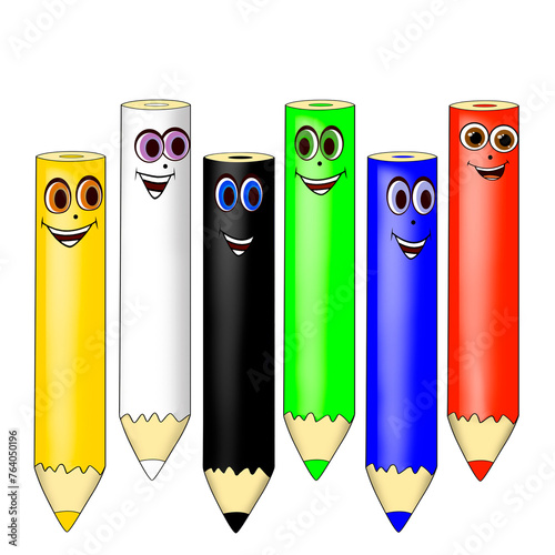 cartoon colored pencils with eyes on a white background.