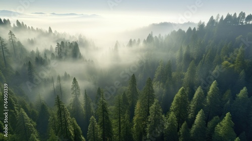 An awe-inspiring aerial view of a Redwood forest in the early morning