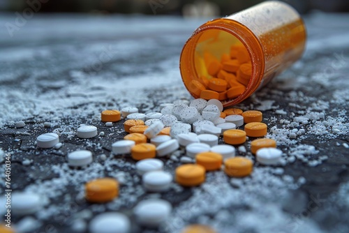A close-up image capturing the alarming scene of spilt prescription medication on ground, symbolizing drug abuse or medication overdose