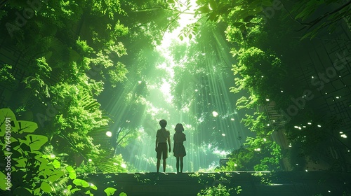 Silhouette of mother and Father standing on stairs in Eden Garden