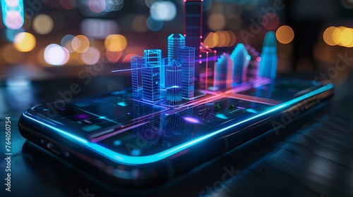 A modern smartphone displays a holographic depiction of a futuristic city. This represents the integration of business, networking, communication, and human interaction in the digital age.