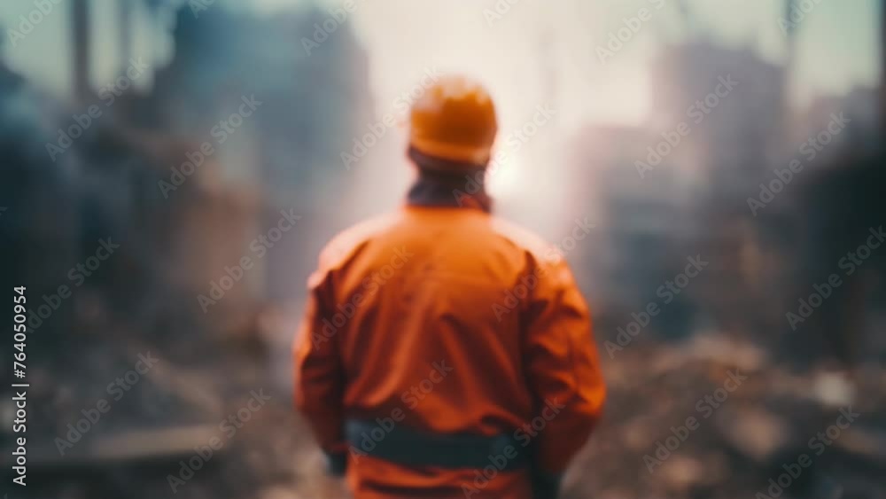 Portrait of a male construction worker on a construction site. Rear view, a man looking at war-torn buildings. Portrait of a male construction worker on a construction site. Rear view, a man looking at war-torn buildings.