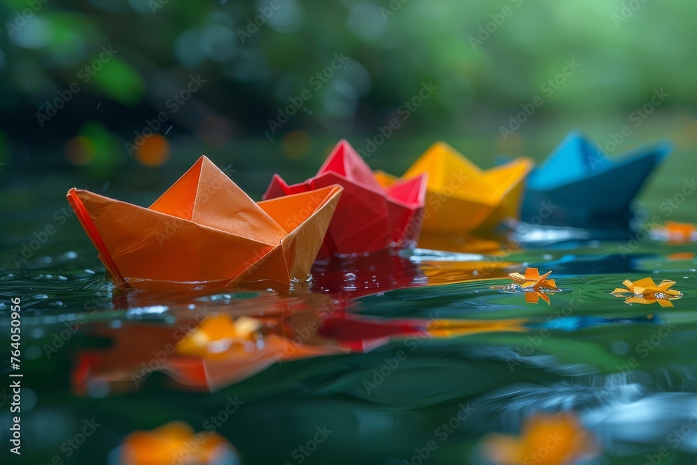 Vivid orange, red, and blue paper boats on a wet surface with reflections and small flowers