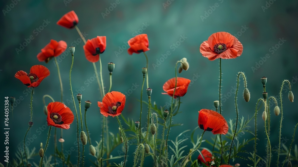 Fototapeta premium Vivid scarlet poppies bloom and await their turn.