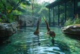 Majestic pair of giraffes wading through water surrounded by lush greenery in a calm and serene zoo environment