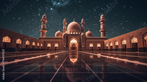 Enchanting Middle Eastern mosque under serene night sky, rendered in simplistic geometric shapes.