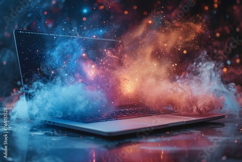 A digital creation of an explosive cosmic event emerging from a laptop screen, blending technology with the universe
