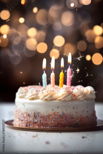 cake with candles close-up on a blurred background Generative AI