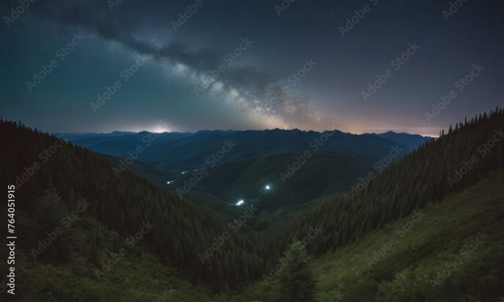 The night sky drapes over undulating forested hills, punctuated by the glow of distant settlements under a cosmic canvas. - obrazy, fototapety, plakaty 