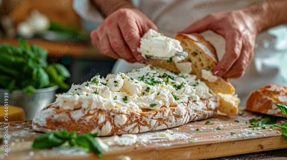 Hands generously spreading cream cheese on ciabatta bread, garnished with chopped chives on a wooden board