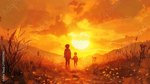 Silhouette of a man and a child walking on the meadow at sunset