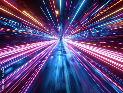 Vibrant image of colorful light trails, symbolizing traffic with luminous neon beams. Illustrates hyperspace journeys in a time-travel context. AI-enhanced digital visuals. AI.