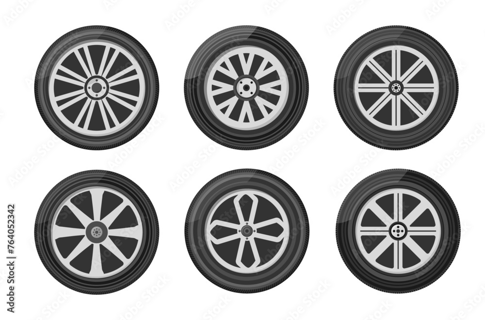 Black rubber wheel tire set. Wheel tires. Car tire tread tracks, motorcycle racing wheels and dirty tires track. Tyres road maintenance vector automobile. Auto wheel tyre. Vector illustration