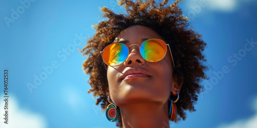 A young woman gazes upwards, her face lit by the mesmerizing reflections of a rainbow onto her sunglasses.