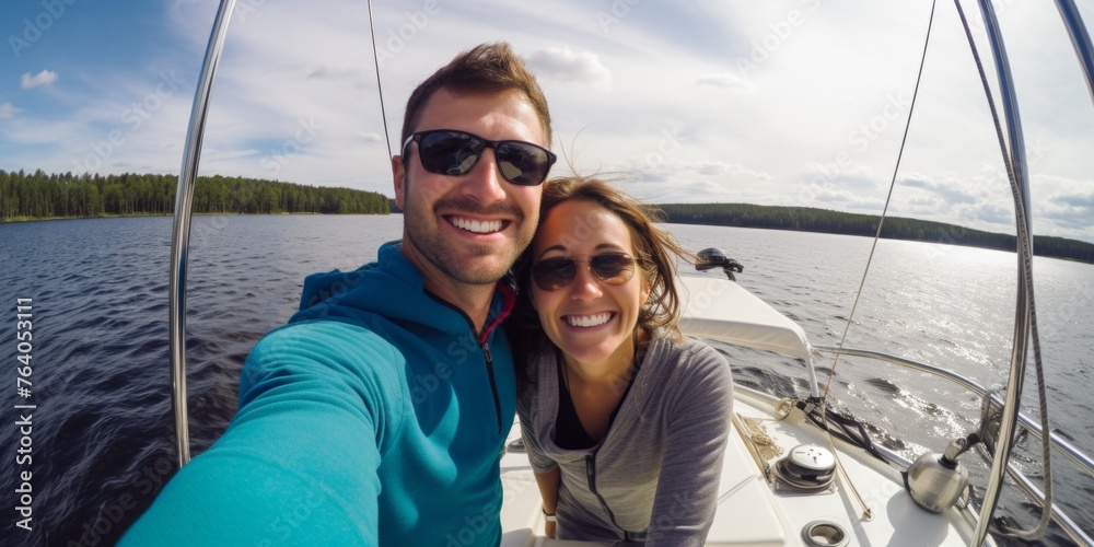 couple in love on a boat selfie Generative AI