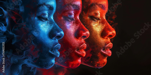 Three faces emerge from a haze of red, gold, and blue smoke, creating a mesmerizing portrait of diverse beauty.