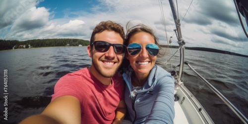 couple in love on a boat selfie Generative AI