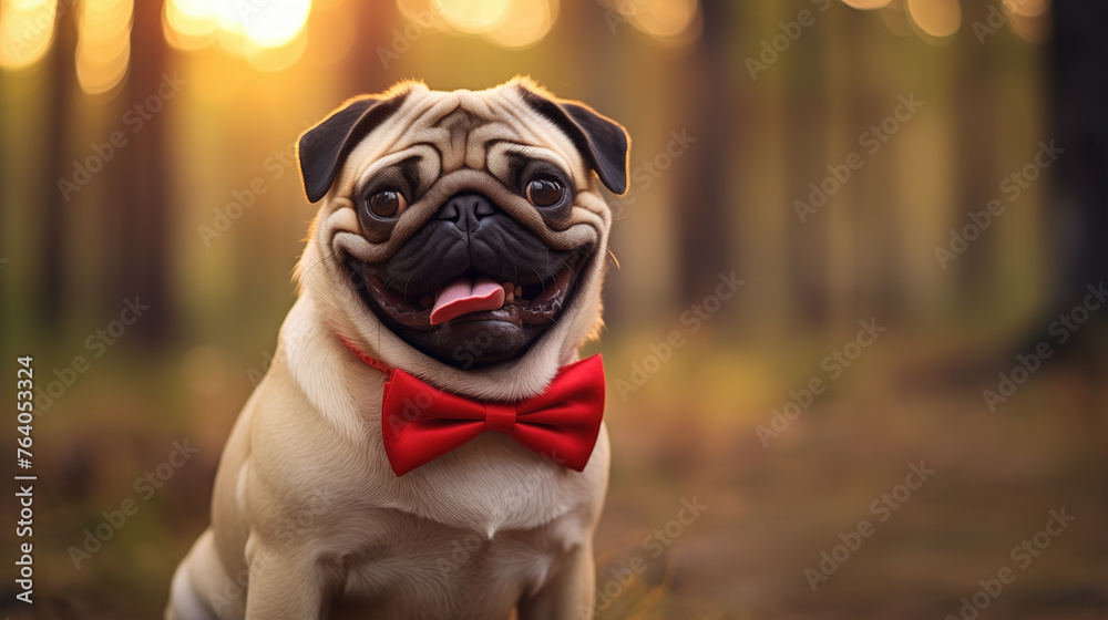A pug dog sits sweetly with its tongue sticking out, and a beautiful red bow tie is on its collar. An elegant pug in a butterfly, a walk in nature. Funny dog with a place to copy, banner
