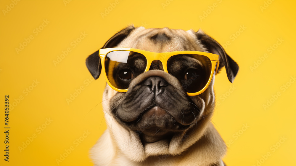 A serious portrait of a pug in fashionable yellow sunglasses, posing in a studio on a yellow background. A dog is a human friend. Funny and very cute dog with a place for text, postcard, banner