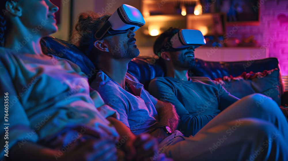 A family sits together on a sofa, each person deeply engaged in a shared virtual reality experience, strengthening bonds A family sits together on a sofa, each person deeply engaged in a shared virtual reality experience, strengthening bonds