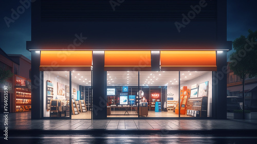 3D front store with blank store signage at night for supermarket