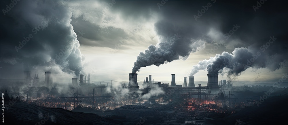Smoke billows from a factory chimney in a dark city setting, creating a dramatic scene Smoke billows from a factory chimney in a dark city setting, creating a dramatic scene